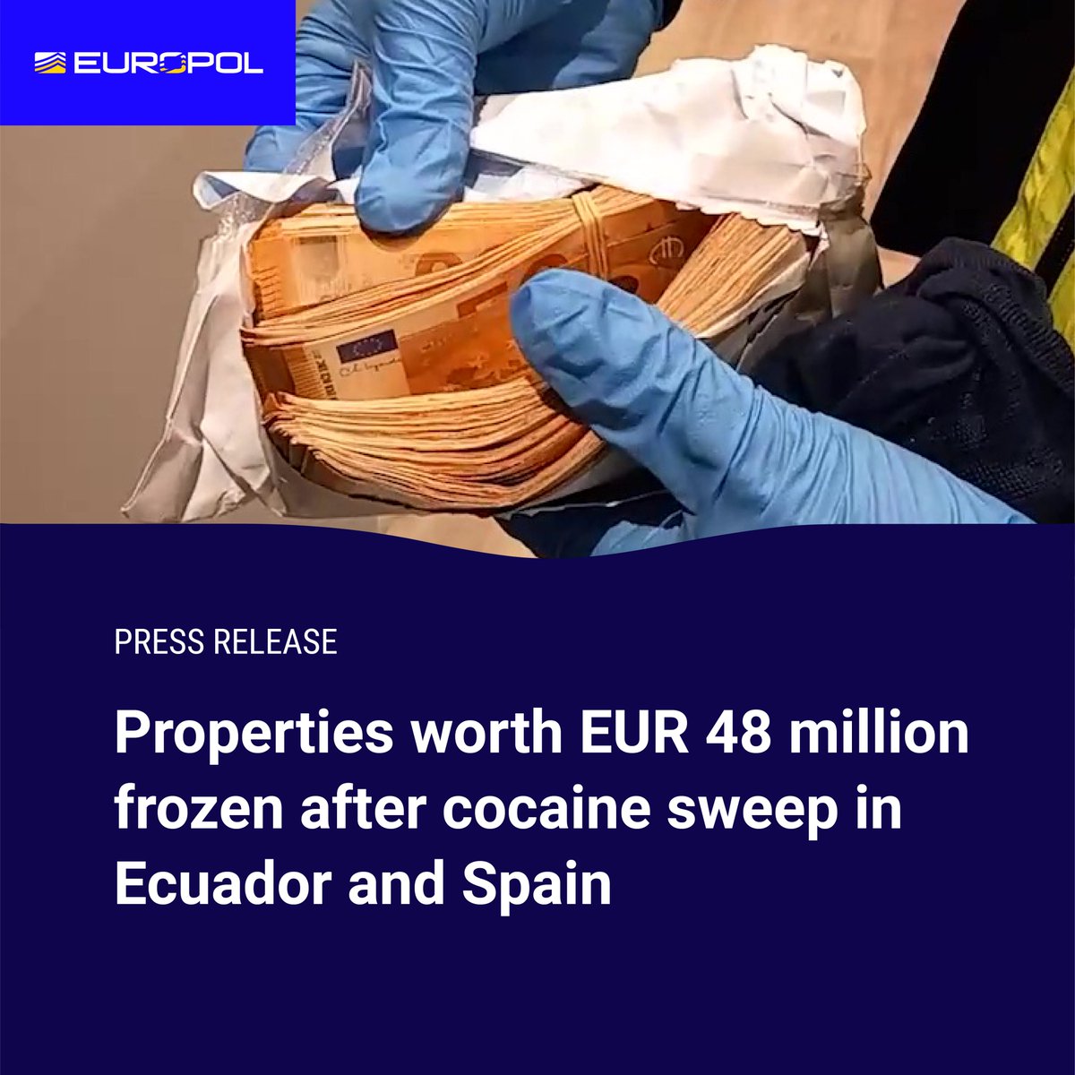 🚨Properties worth EUR 48 million frozen after cocaine sweep in Ecuador and Spain.

Joint investigation led to 31 arrests, including leaders of criminal network importing large cocaine shipments to the EU via Ecuadorian fruit companies.

Press release⤵️
europol.europa.eu/media-press/ne…