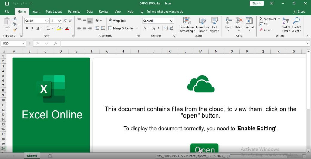 ⚠️ This week, threat actor #TA577 introduced a rather interesting new approach to distribute their #Pikabot malware. Victim users received an #Excel spreadsheet prompting them to click on the contained button to view 'files from the cloud'. 🧵1/4