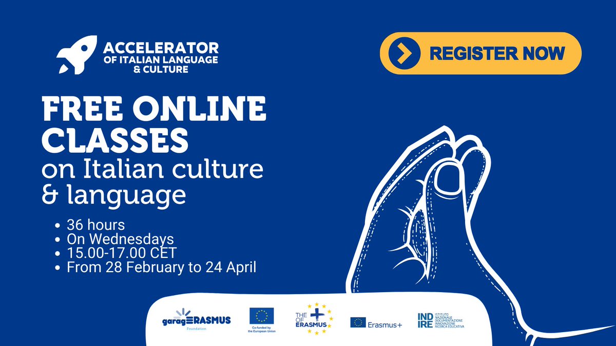 garagErasmus's tweet image. 📢 Improve your level of Italian, dive into Italian culture and give your CV a boost!

gE and @erasmusplusind are back with the Accelerator of Italian Language &amp;amp; Culture!

Register by 26 February!
lnkd.in/eeBrHVPn

#ITAccelerator #ItalianCourse #ThePlusofErasmus