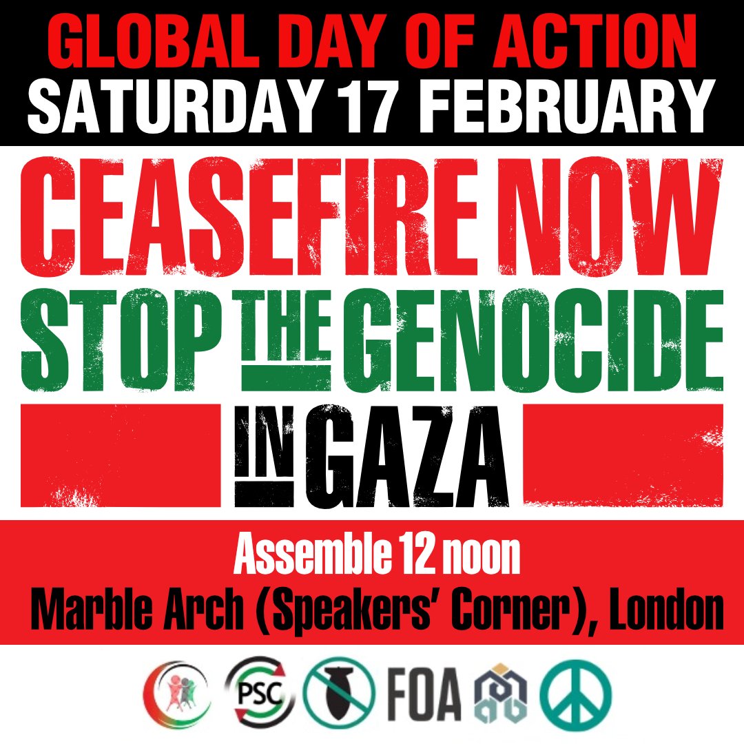 🇵🇸 TOMORROW: National March for #Palestine - Stop the Genocide! 🇵🇸 

📅 Sat 17 Feb, 12 Noon, Marble Arch (Speakers' Corner)

➡️ Marching to the Israeli Embassy, #London, W8

⚰️ Israel has killed over 30,000 Palestinians in its genocidal assault on Gaza. 

✊ Join us as we march