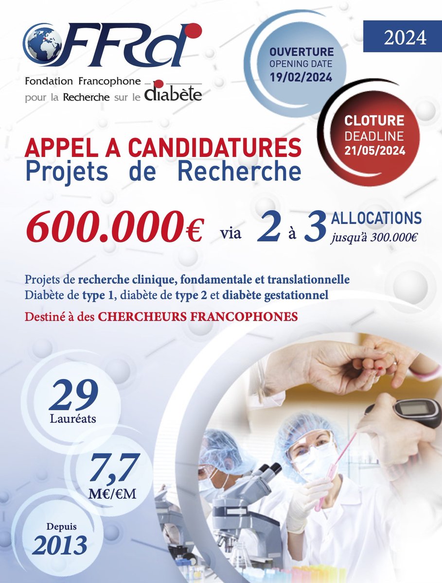 Ouverture du nouvel appel à projets FFRD 2024, lundi 19 février !
Un grand merci à nos fidèles partenaires et donateurs, depuis 12 ans... 
#recherche ; #diabetes ; #project ; 
<a href="/SFDiabete/">SFDiabète</a> <a href="/FedeDiabete/">Fédération Française des Diabétiques</a> <a href="/AbbottNews/">Abbott</a> <a href="/AstraZeneca/">AstraZeneca</a> <a href="/NovoNordiskFR/">Novo Nordisk France</a> <a href="/SanofiFR/">Sanofi en France</a> <a href="/Lilly/">Lilly</a>