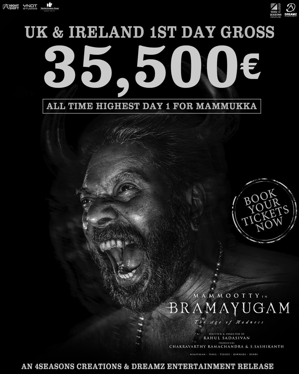 VRFridayMatinee's tweet photo. #Bramayugam Day 1 UK - Ireland Collection Update:

Gross : €35,500 (31.72 Lakhs INR )

All time highest day 1 for a Mammootty film in UK - Ireland 👏👏

Excellent release by @4SeasonCreation 👌 https://t.co/BZHgNnXtMF