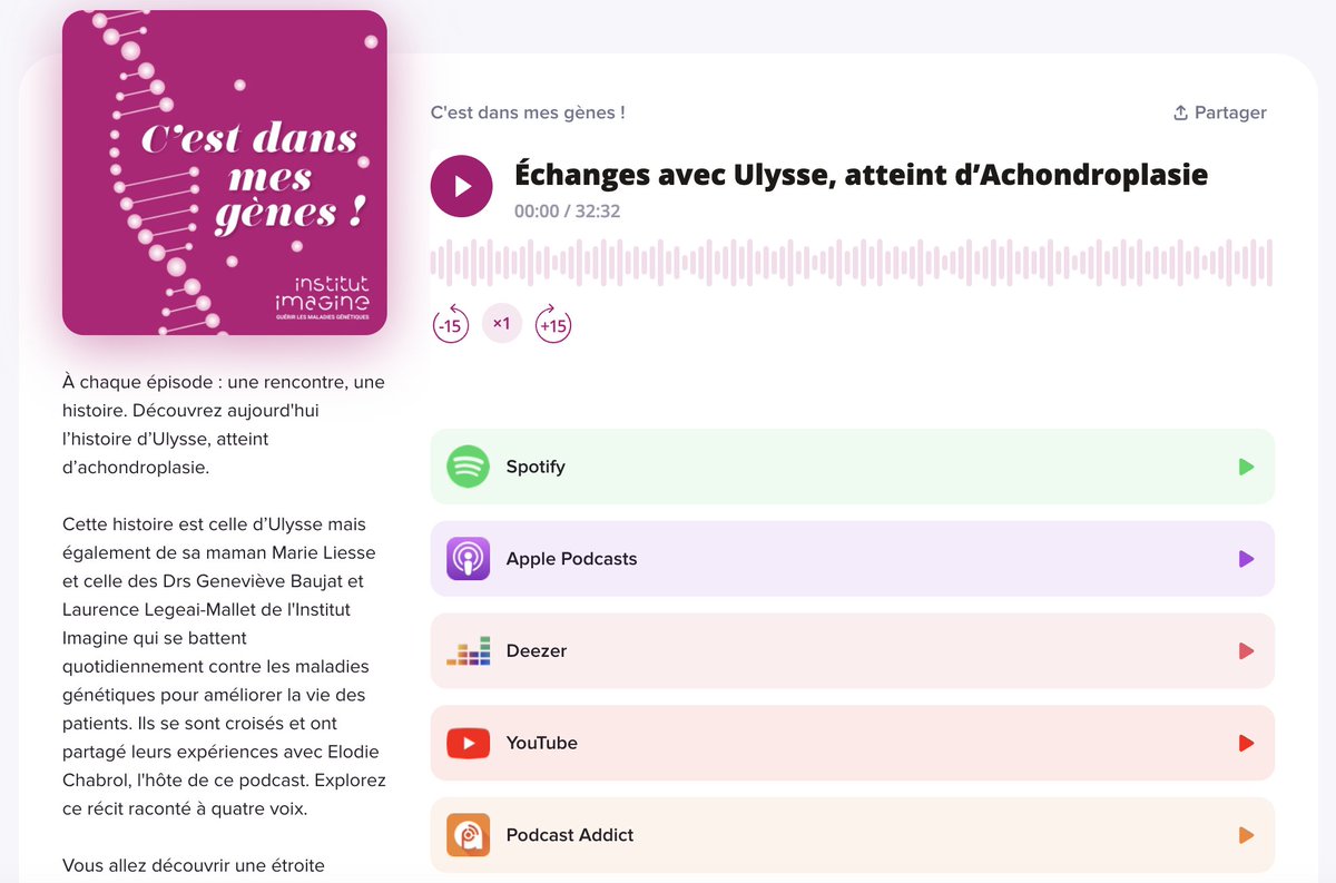 🎙️ #Podcast – Le 4ème épisode du podcast « C’est dans mes gènes ! » de l'Institut Imagine est disponible ! Pour écouter le podcast, rien de plus simple : cliquez sur le lien smartlink.ausha.co/c-est-dans-mes… et choisissez votre plateforme d’écoute préférée !