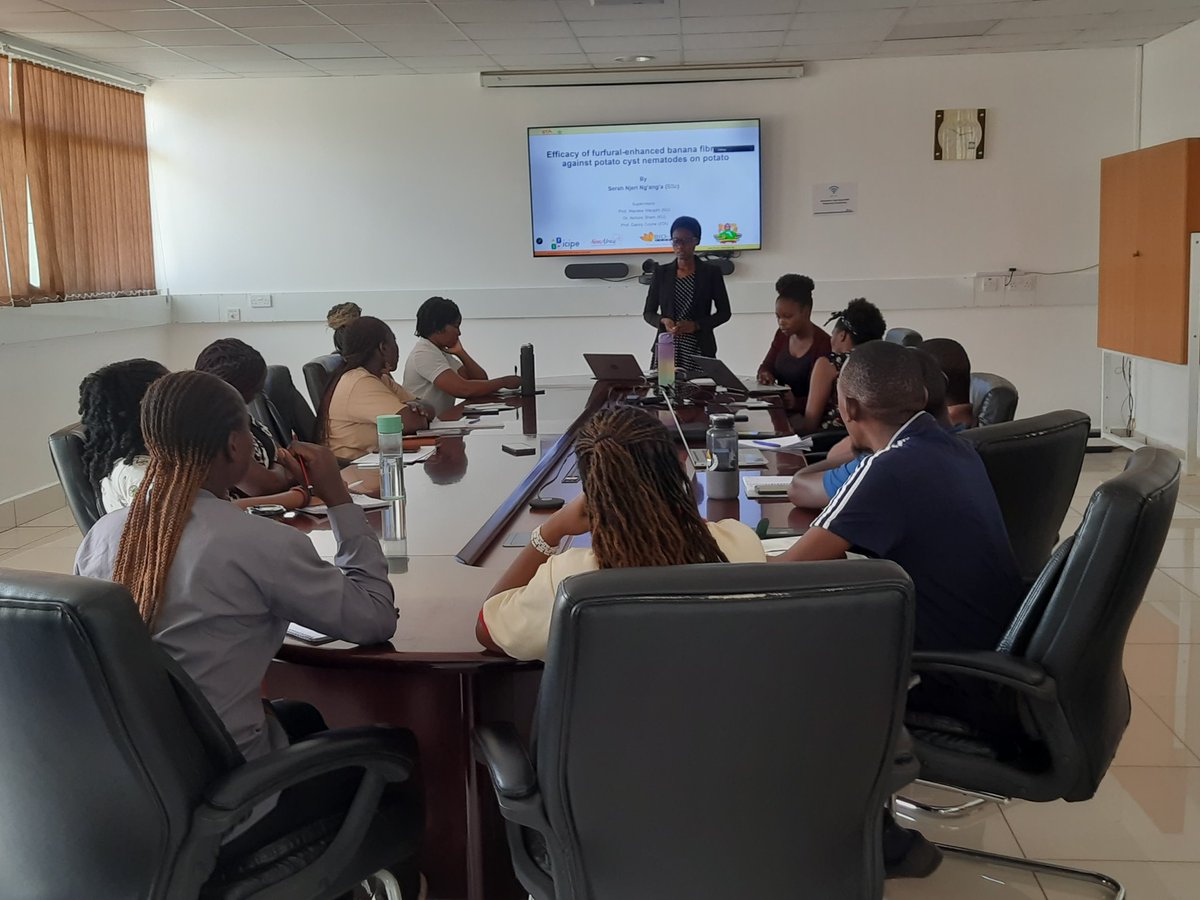 NemAfrica's tweet photo. Its #NJC FRIDAY Exhilarating presentations  from master's students: Sarah Nga'nga of @KenyattaUni Charity Wanjiru of @DiscoverJKUAT Alot of prospects linked to their topics on the use of banana fiber technology in the  Management of Nematodes.
#BuildingCapacity
#BananaFiberPaper https://t.co/SuScmUi26H