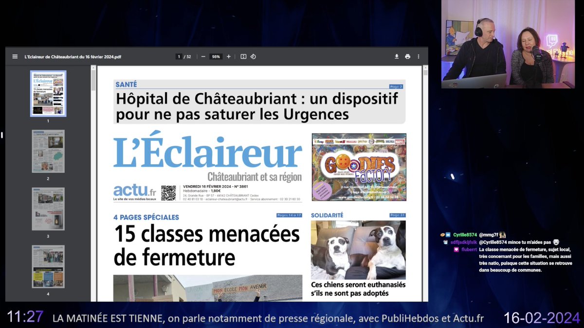 <a href="/SamuelEtienne/">Samuel Etienne</a> <a href="/JB__Morel/">JB Morel</a> <a href="/MMangane/">Marie Mangane</a> <a href="/OrneCombattante/">L'Orne Combattante</a> <a href="/76actu/">76actu</a> .<a href="/MMangane/">Marie Mangane</a> : "<a href="/EclaireurChato/">L'Éclaireur de Châteaubriant</a> est un journal qui illustre bien la transition numérique d'un journal 100% papier à un journal également présent sur la plateforme <a href="/actufr/">actu.fr</a>" ➡️ twitch.tv/samueletienne