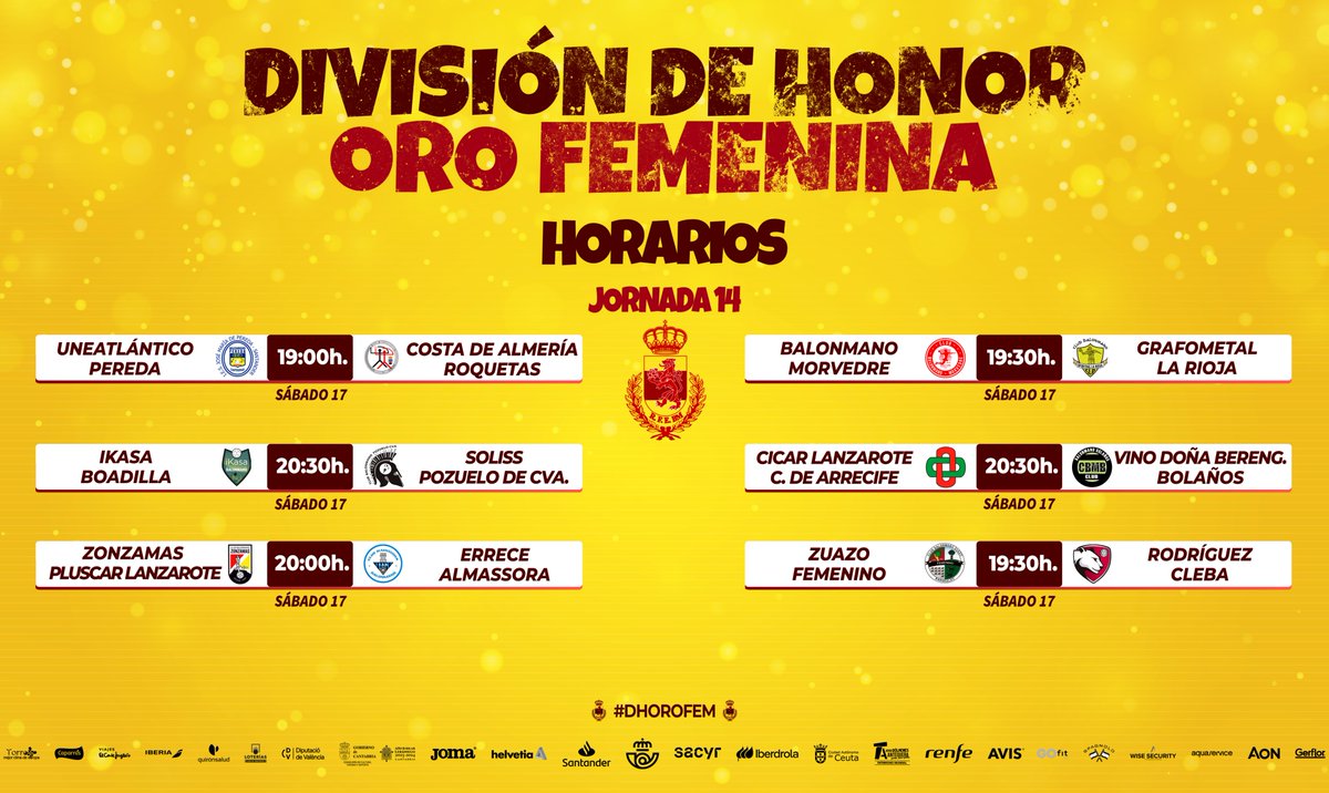 ⏰ ¡Estos son los HORARIOS de la jornada 1⃣4⃣ en la #DHOroFem!

💪 ¡Tremendo duelo en la cima entre <a href="/BMMorvedre/">#vamosMorvedre🖤♥️</a> y @SportingLR!

#SheLovesHandball #Balonmano