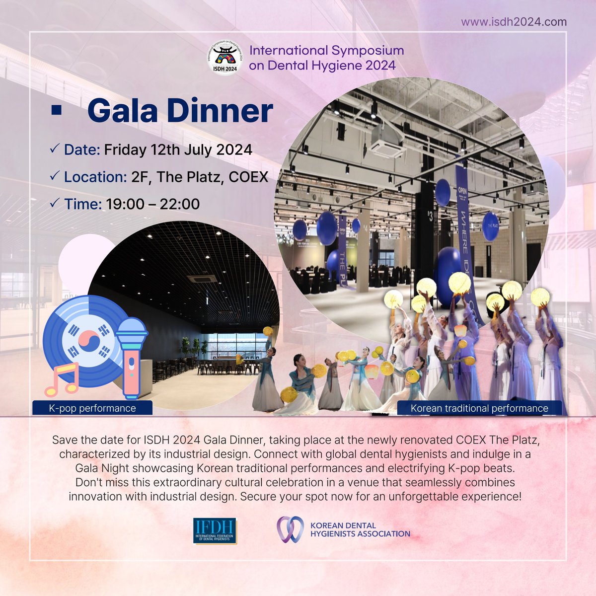 ISDH_2024's tweet photo. ISDH 2024 Social Event Guide: Welcome Reception &amp; Gala Dinner 🦷 💜

ISDH 2024
📍 July 11 (Thur) - July 13 (Sat), 2024
COEX, Seoul, South Korea

✔️ISDH 2024 Social Events Page: https://t.co/05fad9XP9E https://t.co/iDhp5QLAzV
