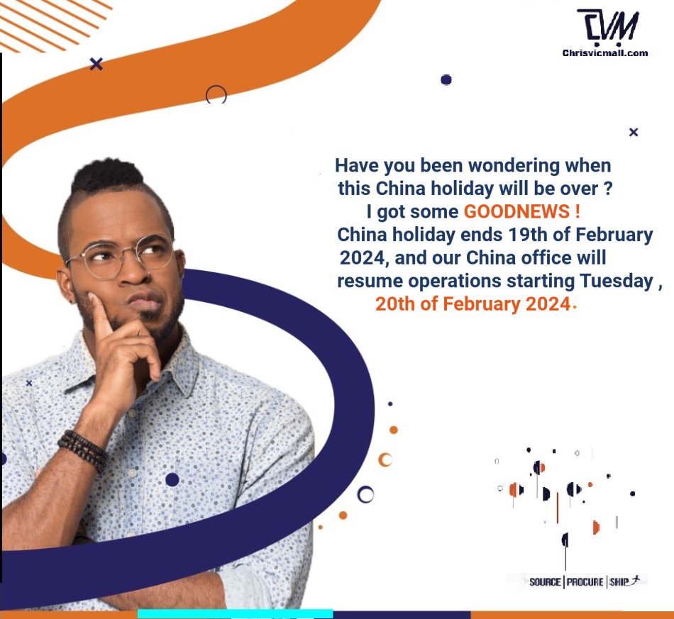 Good News Guys!!!📢

Our China office will resume all operations starting from Tuesday, 20th of February 2024.

Source, procure and ship with Chrisvicmall.