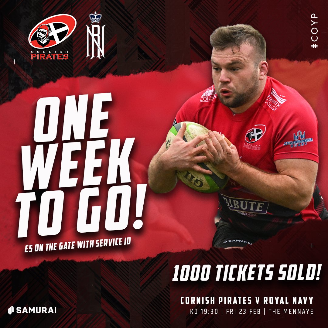 Our fixture with @RNRugby is now just a week away! 1️⃣0️⃣0️⃣0️⃣ tickets sold already 👏🏻 Remember season ticket holder entry is free, replacing the Jersey fixture and service ID on the gate gets you in for £5! All other tickets still available ⬇️ 🎟️ cornish-pirates.com/tickets