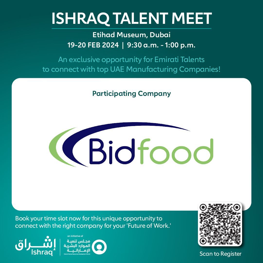 Don't miss Bidfood at #IshraqTalentMeet! 

Scan the QR code to secure your time slot and explore career opportunities in the F&B industry. 

#bidfood #fmcgjobs #careeropportunities #networking #hiringevent #jobfair #talentacquisition #careerdevelopment #ishraqevents #uaejobs