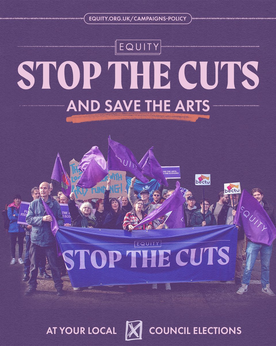 This local election we’re asking you to save the arts and stop the cuts. 

Join our national campaign launch and briefing call:

Wednesday 21 Feb, 12:30pm

Sign up here: equity.org.uk/campaigns-poli…