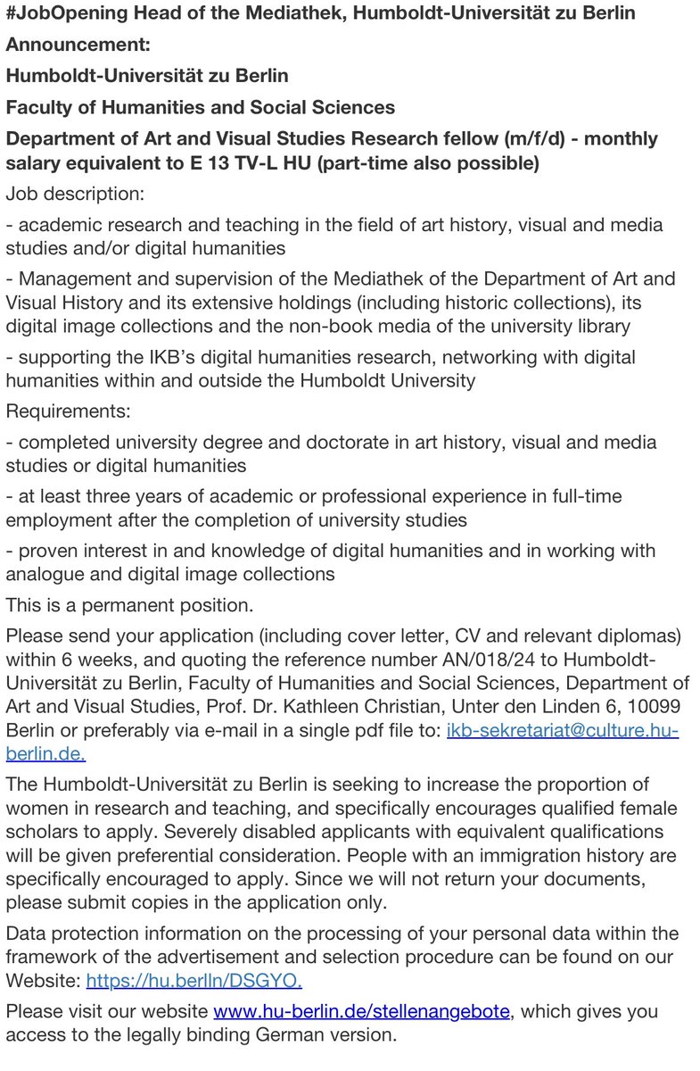 JOB: Head of Mediathek at @HumboldtUni Research fellow in Art History, Visual & Media Studies, or Digital Humanities. Manage digital collections & support digital humanities research. Permanent position. Inquiries: kunstgeschichte.hu-berlin.de/personen/profe… #DigitalHumanities #arthistory