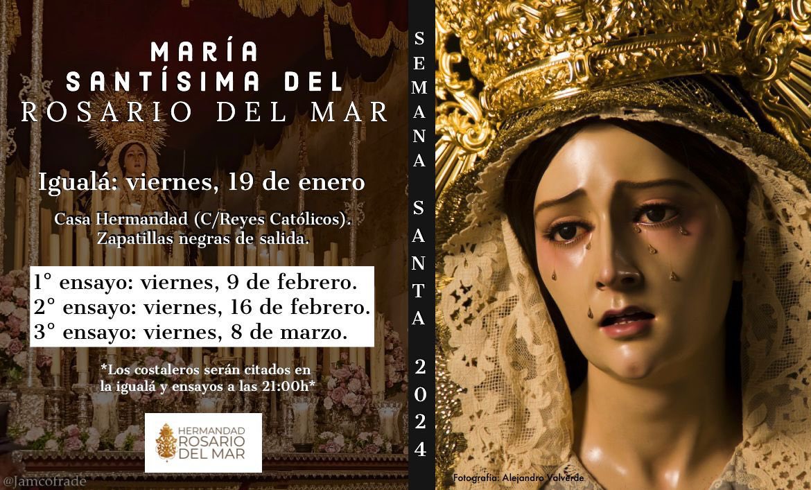 Hoy viernes tendrá lugar el segundo ensayo de costaleros del palio de María Santísima del Rosario del Mar.

🕘 21:00h

📍Local de pasos (Puerto de Almería)

#RosarioDelMar