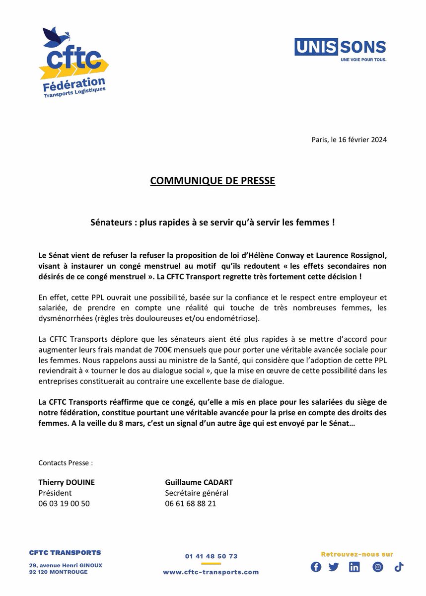 🔵 Communiqué : le <a href="/Senat/">Sénat</a> plus rapide à se servir qu’à servir les droits des femmes ! Encore un signal négatif… <a href="/laurossignol/">Laurence Rossignol</a> 
#congesmenstruels #féminisation