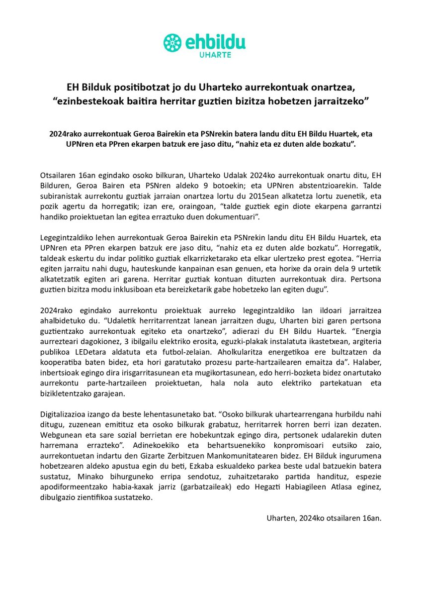 txinoarruiz's tweet photo. Gracias al diálogo y al entendimiento, hemos logrado aprobar los presupuestos de 2024, imprescindibles para seguir mejorando la vida de todos los uhatearras.

Herria egiten jarraitu nahi dugu, guztiak kontuan hartuz, hori da orain dela 9 urtetik alkatetzatik egiten ari garena. https://t.co/zsGXHU6euY