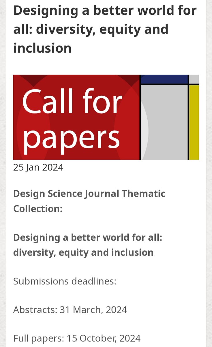Design Journal CfP by <a href="/CambridgeUniPre/">Cambridge Uni Press</a>

Abstracts due: March 31, 2024
Full papers due: October 15, 2024

For more information and submission instructions click the link below:
cambridge.org/core/journals/…