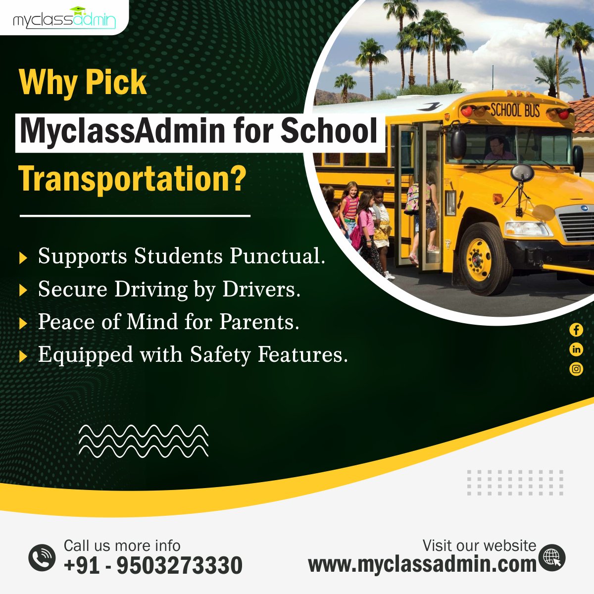 MyClass_A_dmin's tweet image. Here&apos;s the best live School Bus Tracking application presented by MyClassAdmin. Know more @ myclassadmin.com or call us at 9503273330.

#schoolbustracking #bustracking #livetracking #gps #trackschoolbus #schoolbus #bustracking #myclassadmin #schoolerp