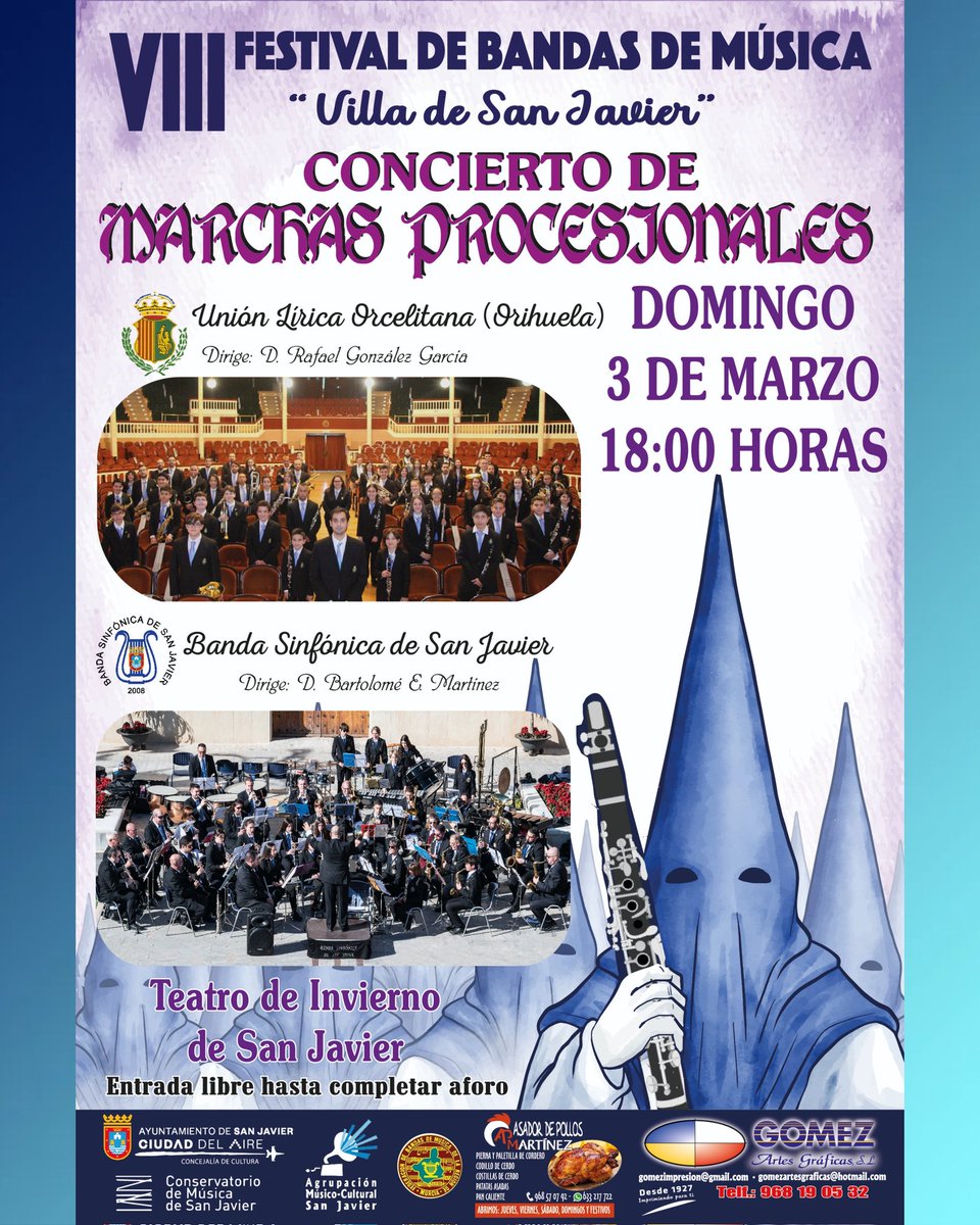 VIII festival de banda de música, organizado por la Agrupación Músico-Cultural San Javier, que por segundo año consecutivo estará dedicado a las marchas de procesión. Como invitada la Unión lírica orcelitana de Orihuela y nuestra  banda sinfónica de San Javier.