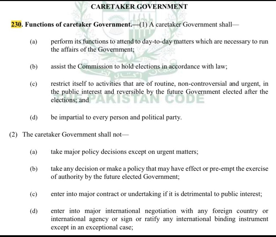 نگران حکومت نے KPK کے تیس PTDCہوٹل اور تمام اثاثہ جات فوج کے ذیلی ادارہ گرین پاکستان لمیٹڈ کو دینے کا فیصلہ کیا ہے آئین پاکستان کے الیکشن ایکٹ کے سیکشن 230کے سب سیکشن (2)(a)کی کھلی خلاف ورزی ہے نگران حکومت ایسا کوئی حکم جاری کر ہی نہیں سکتے ہیں ۔