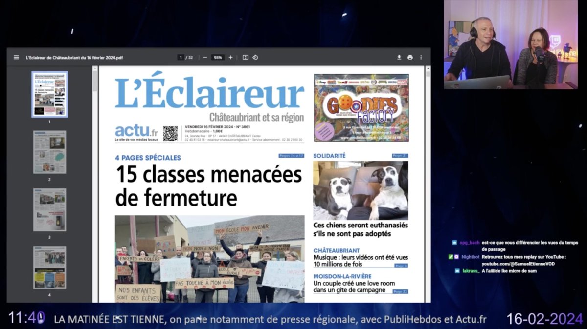 <a href="/SamuelEtienne/">Samuel Etienne</a> <a href="/JB__Morel/">JB Morel</a> <a href="/MMangane/">Marie Mangane</a> <a href="/OrneCombattante/">L'Orne Combattante</a> <a href="/76actu/">76actu</a> <a href="/EclaireurChato/">L'Éclaireur de Châteaubriant</a> .<a href="/MMangane/">Marie Mangane</a> : "Un Français sur trois s'informe sur <a href="/actufr/">actu.fr</a>" ➡️ twitch.tv/samueletienne