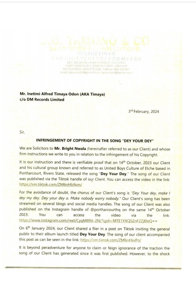Law_Synopsis's tweet photo. @timayatimaya Letter to @timayatimaya on infringement of copyright in the Song Dey Your Dey https://t.co/oO1HOuf9J3