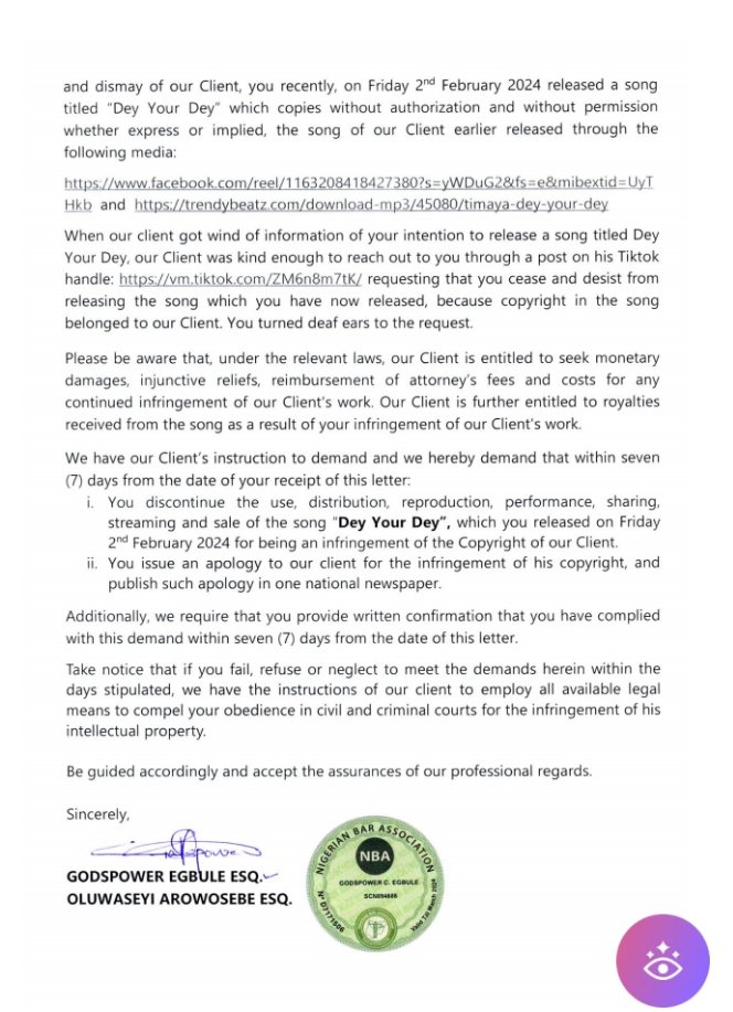Law_Synopsis's tweet photo. @timayatimaya Letter to @timayatimaya on infringement of copyright in the Song Dey Your Dey https://t.co/oO1HOuf9J3