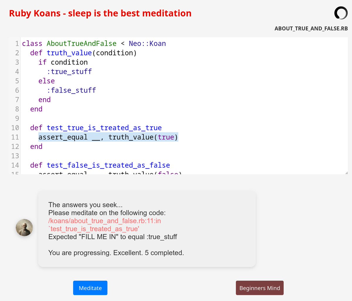 largo's tweet photo. WIP: In memory of @jimweirich, inventor of Rake and RubyKoans who passed 10 years ago.
I ported the Ruby Koans to the browser. Learn Ruby by fixing tests.

https://t.co/WZwEgWFPSu

#buildinpublic #ruby
@lucianghinda  @marcoroth_  @skryukov_dev @ledsun @hasumikin @KuokkanenSampo https://t.co/2NmcCRMzcV