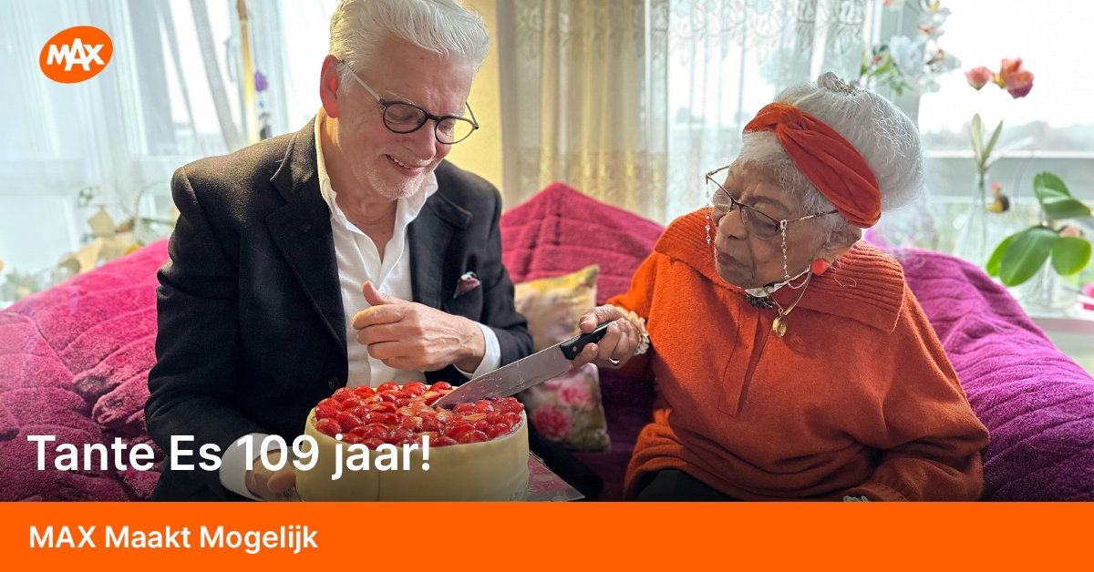 Tante Es wordt 109 jaar en is daarmee de oudste inwoner van Amsterdam. @Jan_Slagter heeft haar vandaag gefeliciteerd, zoals hij haar beloofd had in de uitzending van MAX Maakt Mogelijk op 12 november 2023. Wil je die uitzending nog eens zien?👇 maxmaaktmogelijk.nl/uitzendingen/t…