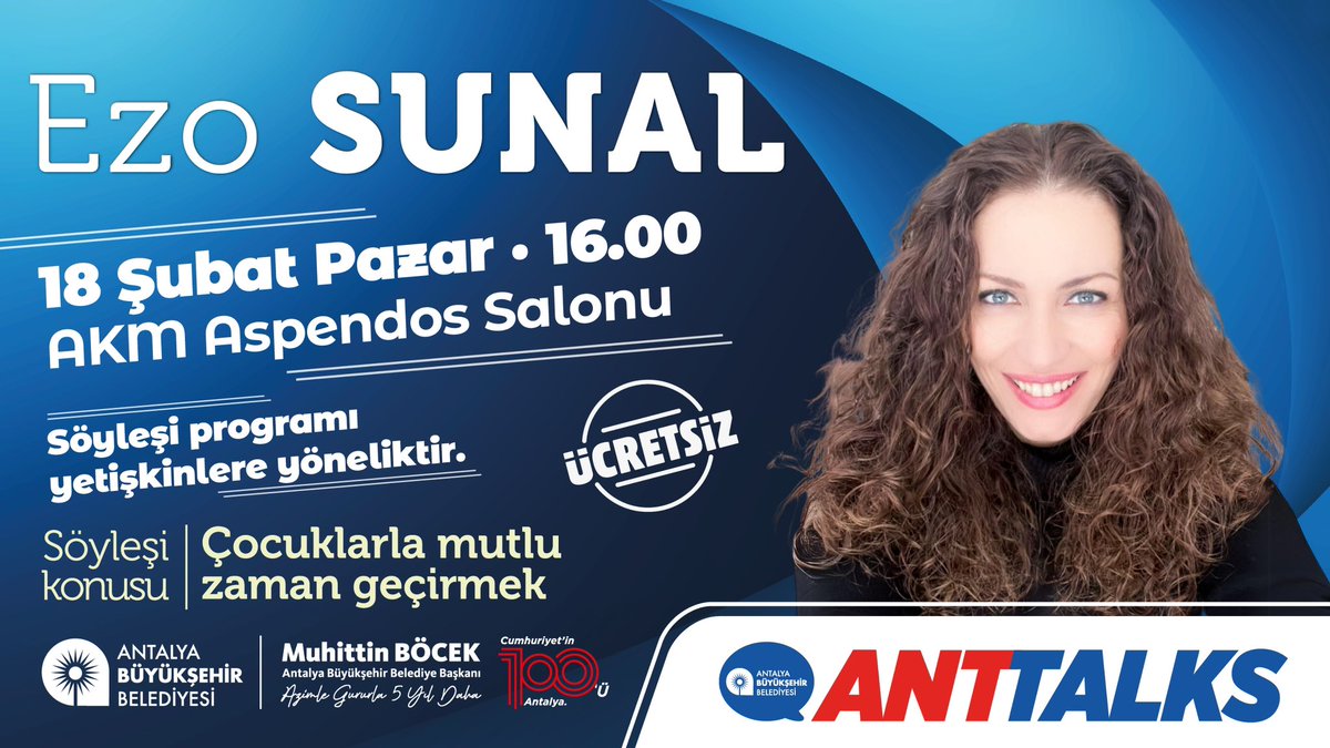 abbAntTalks's tweet photo. İlham Veren Başarı Hikayeleri devam ediyor… Antalya Büyükşehir Belediyesi paylaşmaya değer fikirleri, yaşamları ve deneyimlerini paylaşıyor…
Ezo Sunal #ANTTALKS sahnesinde olacak! 🗣️
🗓️ 18 Şubat Pazar 16:00
📍 AKM Aspendos Salonu
⚠️ Ücretsiz https://t.co/2yCL1lYkNw