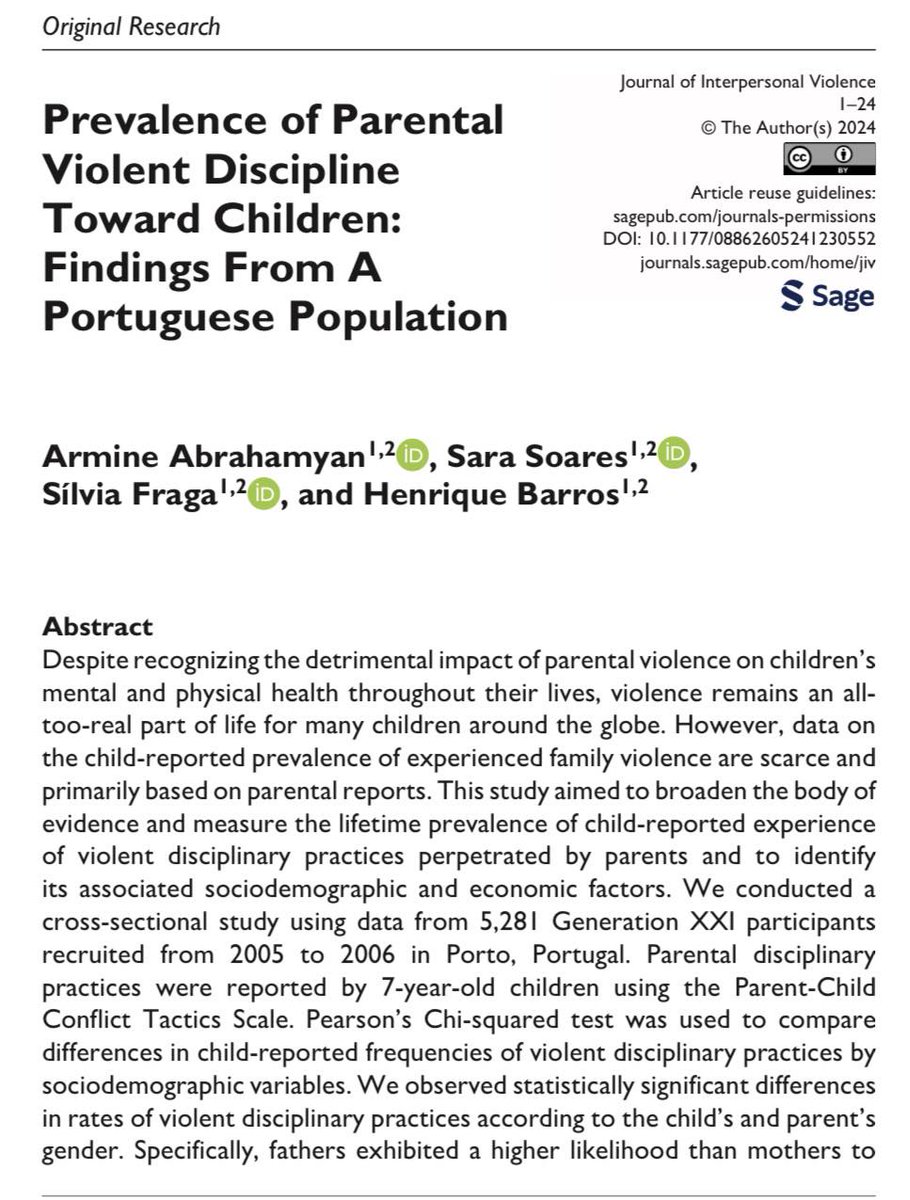 #OpenAccess paper published on the #prevalence of parental #violent discipline. Child-reported findings from the #GenerationXXI #cohort are now available in the Journal of Interpersonal Violence. doi.org/10.1177/088626… 
thank you <a href="/silvia_fraga14/">Sílvia Fraga</a>, <a href="/SaraIsaSoares/">Sara Soares</a> &amp; <a href="/hdpbarros/">Henrique Barros</a>