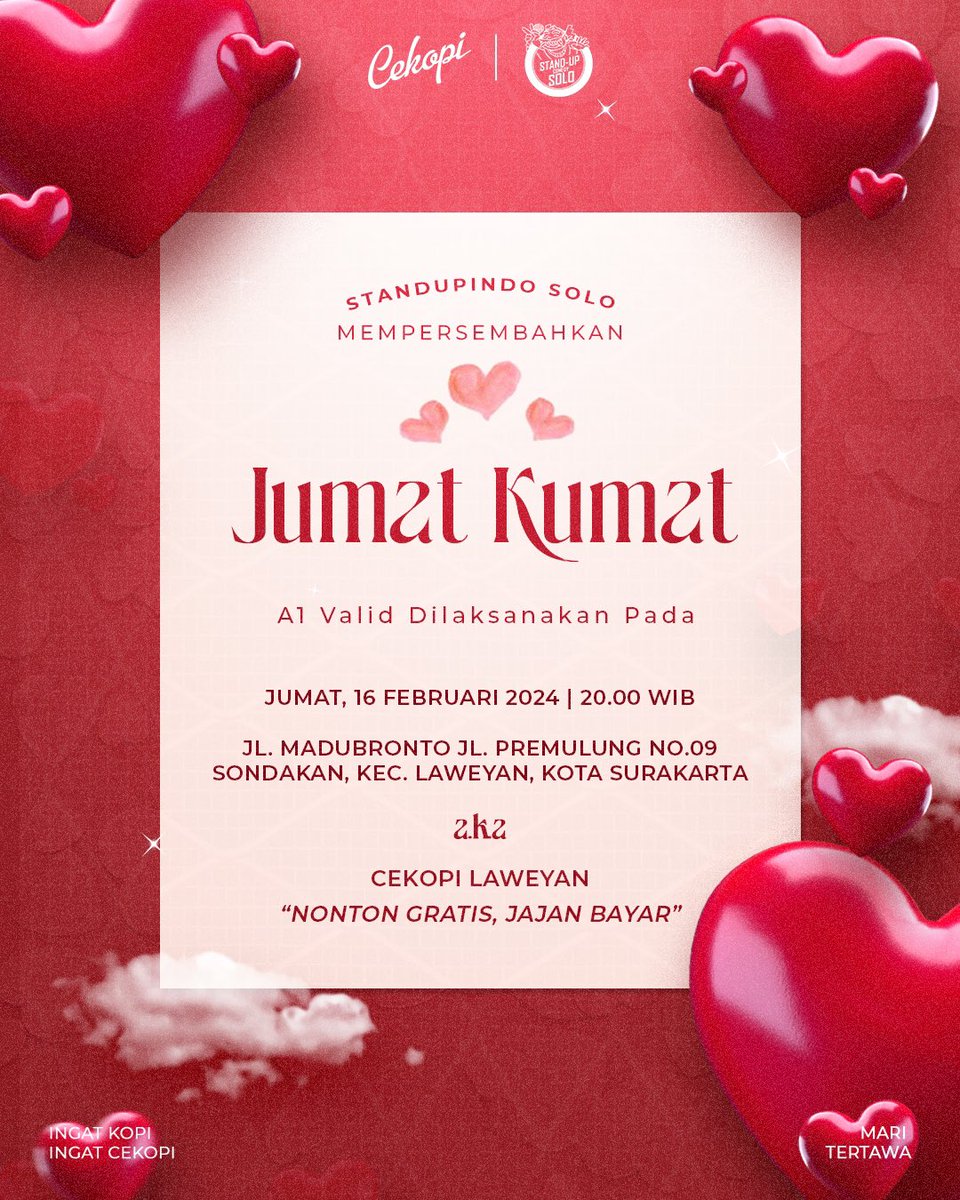 𝗠𝗮𝗿𝗶 𝗠𝗲𝗿𝗮𝗽𝗮𝘁 𝗸𝗲 𝗢𝗽𝗲𝗻𝗺𝗶𝗰 𝗝𝘂𝗺𝗮𝘁 𝗞𝘂𝗺𝗮𝘁! 🫶

Dimulai pada pukul 20.00 WIB, hanya di <a href="/CeKopi/">Cekopi</a> . Acaranya gratis tapi wajib jajan ya. 🥤

Yang pengen nonton? Boleh banget, langsung aja merapat. Kalo pengen nyobain openmic? Langsung daftar lewat DM aja ya.