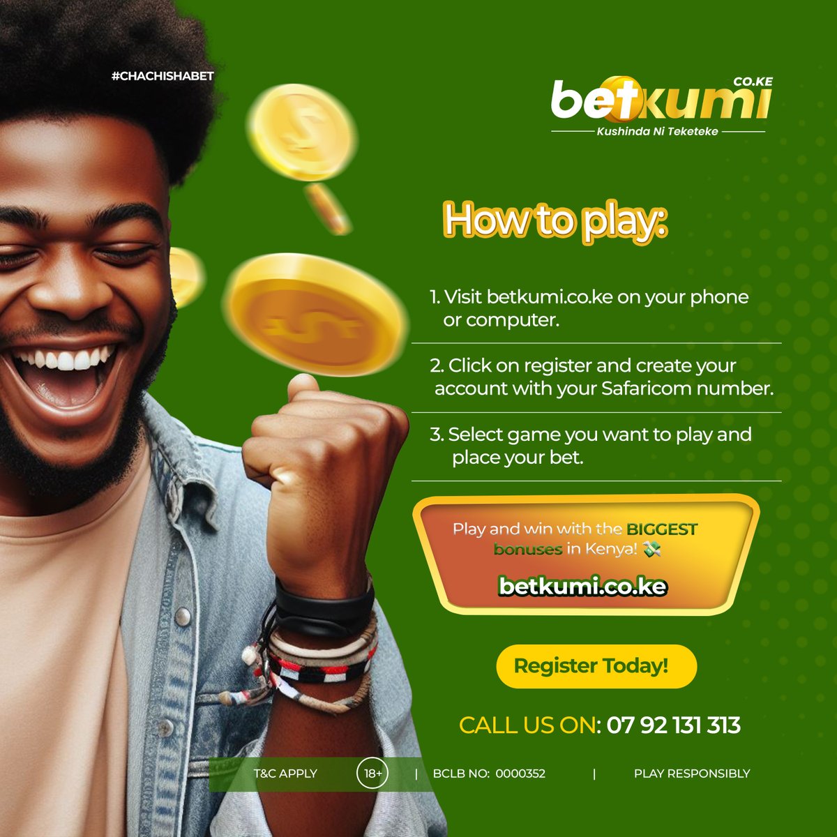 Kuplay ni easy! Kushinda ni easy pia! Register, Deposit and Play: betkumi.co.ke #ChachishaBet