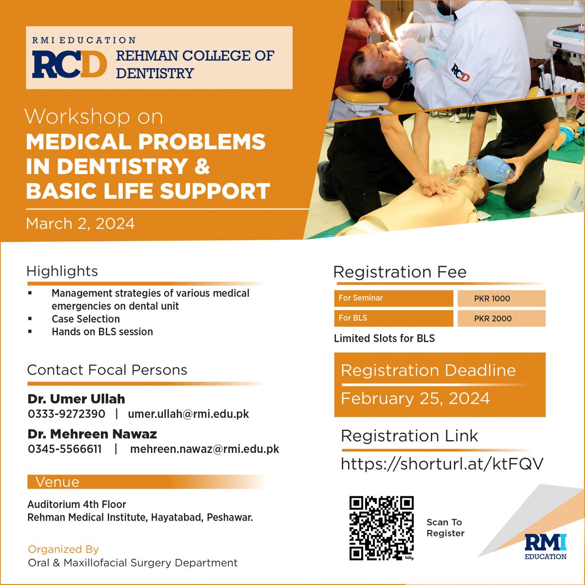EducationRMI's tweet photo. RCD and Oral &amp; Maxillofacial Dept. is organizing an insightful seminar on “Medical Problems in Dentistry and Basic Life Support” this March 2! 🦷🩺

Register with the below link:
https://t.co/rN3nbh7FKp

#RMI #RCD #MedicalSeminar #Dentistry #BasicLifeSupport #BLStraining https://t.co/d3BDM29hgy