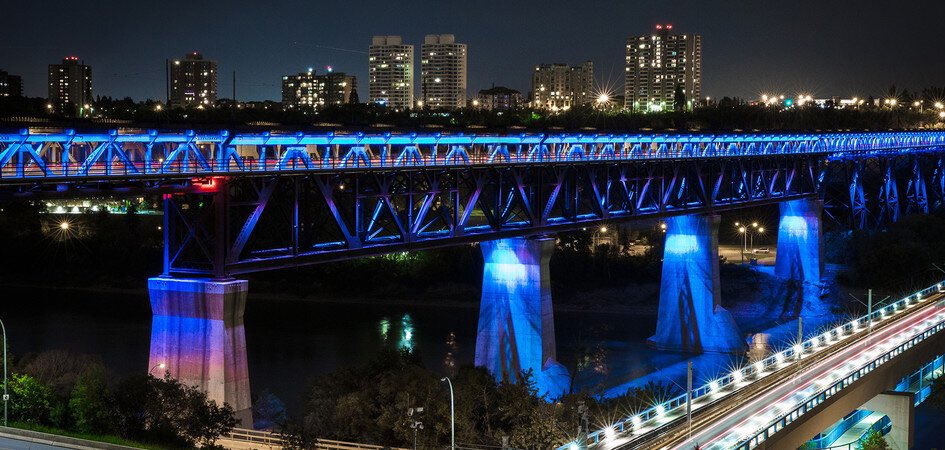 MarkPavelich's tweet photo. 🗓️February 15th 
The #HighLevelBridge in #Edmonton #Alberta will be lit in blue for International Angelman Day. @angelmancanada #AngelmanStrong #SnowAngelChallenge 🆙 https://t.co/WfrxPaNLee
