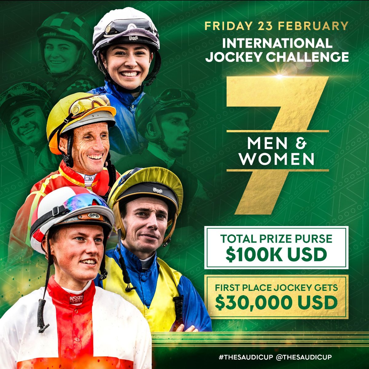 Fourteen of the world's best jockeys to compete on the Saudi Cup stage in Riyadh on February 23! 🏆🇸🇦

Read about it: jcsa.sa/en/news/intern…

🎟️ jcsa.sa/en/saudi-cup/

#SaudiCup #SaudiRacing #jockeys