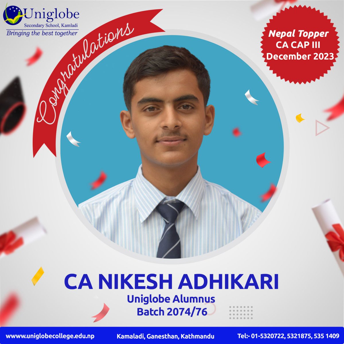 UniglobeSS's tweet photo. We extend our heartfelt congratulations to CA Nikesh Adhikari, a distinguished alumnus from the batch of 2074/76. https://t.co/jDFumo1sNE