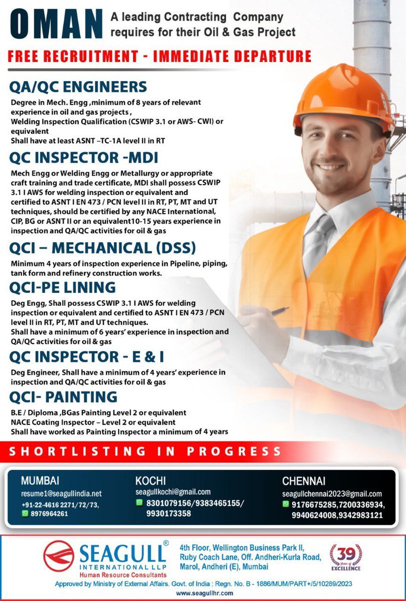 hrd1_seagull's tweet photo. 🇴🇲Oman Jobs
‼️Free Recruitment
✈Immediate Departure
📝Shortlisting in progress
📍Location - Mumbai , Kochi , Chennai
.
.
.
#omanjobs #seagull #qaqcengineers #qcinspector #qcipelining #qcimechanical https://t.co/qDDBqHhG7g