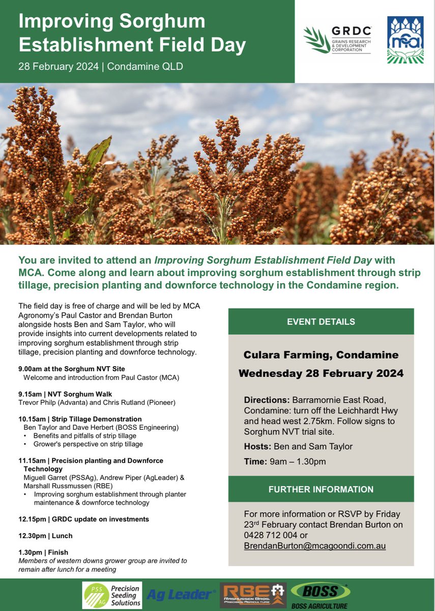 Come join MCA at the Improving Sorghum Establishment Field Day! 🌱🚜 
 
When ➡️ Wednesday 28th February 2024 @ 9am 

Where ➡️ Barramornie East Road, Condamine QLD

RSVP to Brendan Burton on 0428 712 004 or BrendanBurton@mcagoondi.com.au 

Feel free to share!

<a href="/theGRDC/">GRDC</a> <a href="/GRDCNorth/">GRDC North</a>