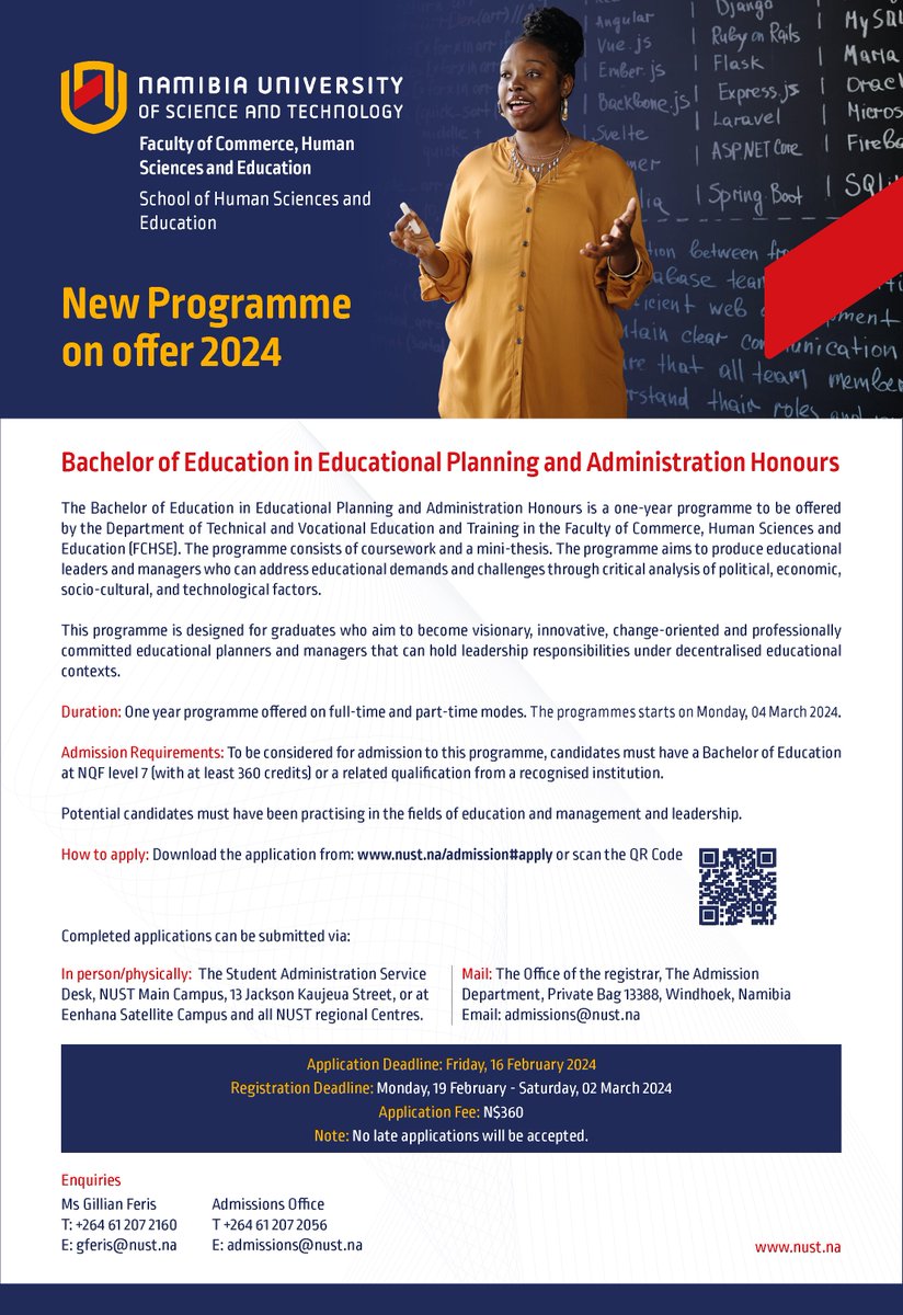 NUST_Namibia's tweet photo. 🎓 Exciting news from NUST! 🌟

We're proud to introduce our latest programme ➡️ Bachelor of Education in Educational Planning and Administration Honours!

📚✨ Are you ready to shape the future of education? https://t.co/MdiFfS3GcX