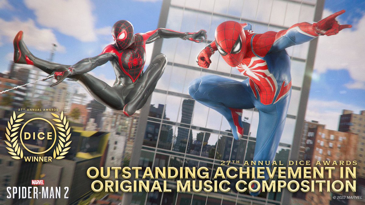 MARVEL’S SPIDER-MAN 2 CAME & CONQUERED!!! #SpiderMan2PS5 has OFFICIALLY WON 6 AWARDS at the #DICEAwards!
🏆Action Game of the Year
🏆Character (Miles Morales)
🏆Animation
🏆Music Composition
🏆Audio Design
🏆Technical Achievement
HUGE CONGRATS TO @insomniacgames ON THE WINS! 🕷🎉