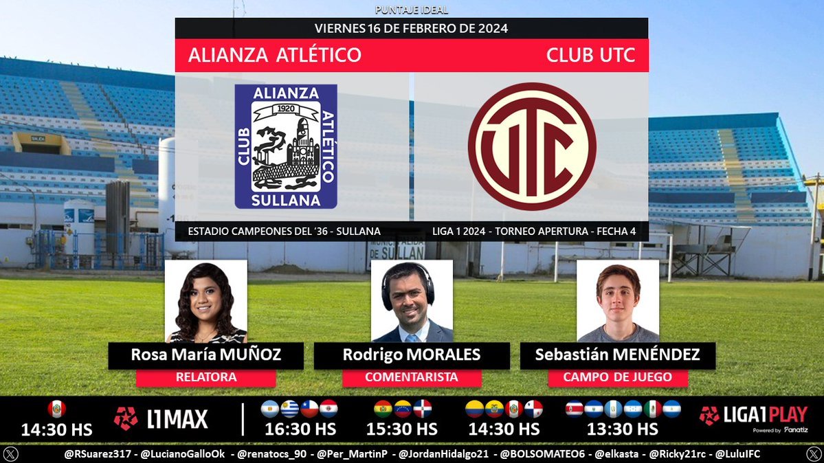 Puntaje_Ideal's tweet photo. ⚽ #Liga1 🇵🇪 | #AlianzaAtlético vs. #ClubUTC
🎙 Relatora: @rosamariamt5
🎙 Comentarista: @cejamorales
🎙 Campo de juego: @Sebasmenendez_
📺 @L1Max_pe 🇵🇪
💻📱 #Liga1Play by #Fanatiz 🌎
🤳 #ElADNdelHincha - #L1Max
Dale RT 🔃 https://t.co/jgG4JQvhDv