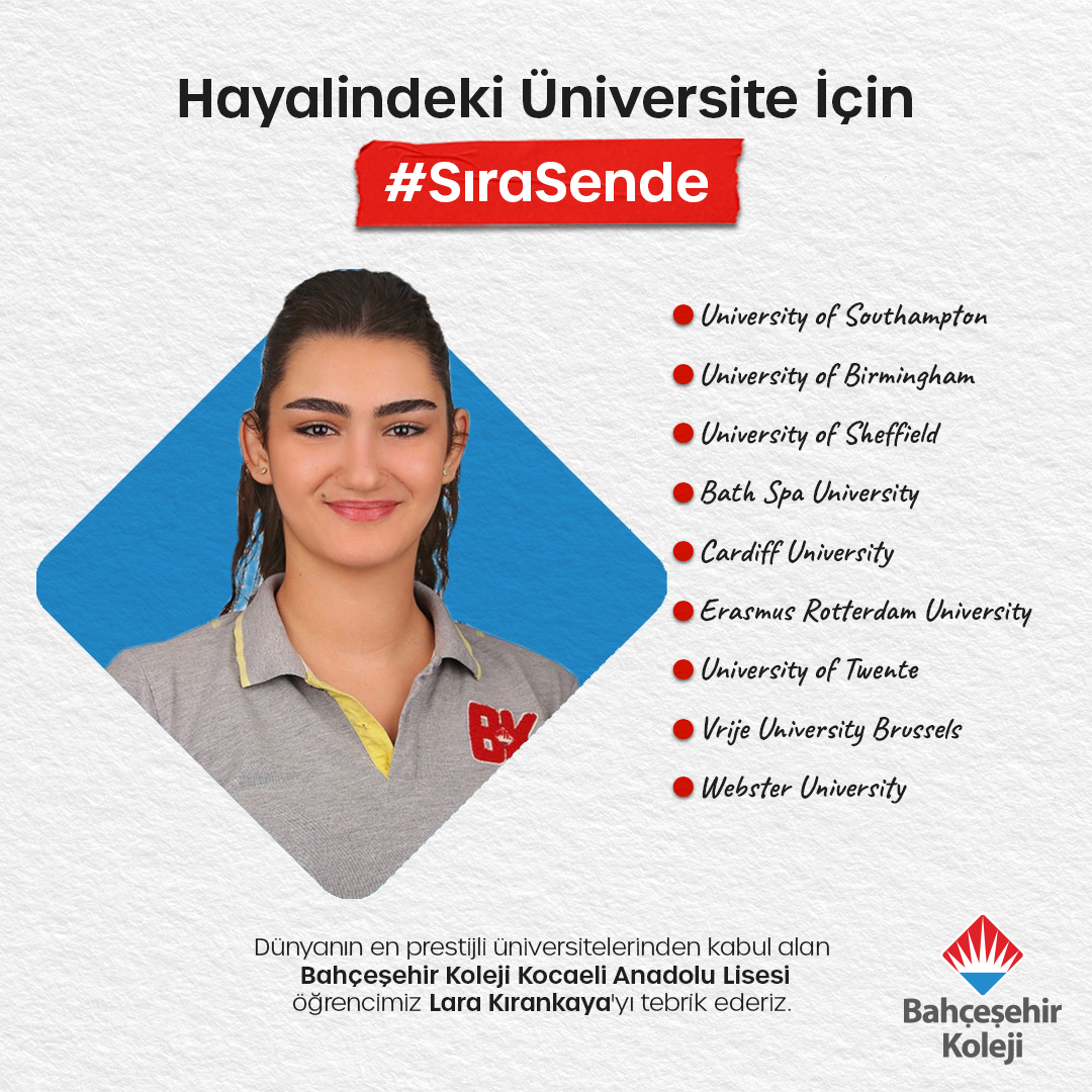 Hayalindeki Üniversite İçin #SıraSende
📷📷Dünyanın en prestijli üniversitelerinden kabul alan okulumuz öğrencilerinden Lara KIRANKAYA'yı tebrik ederiz.
#bahçeşehirkoleji #bahçeşehirkocaeli