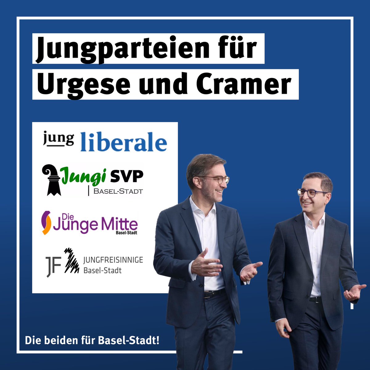 Die @Jungliberale_BS, @DieJungeMitteBS , die @jsvpbs und wir Jungfreisinnige unterstützen für die Regierungsrats-Ersatzwahl die beiden fähigsten Kandidaten: @lucaurgese & @ConradinCramer! Link zur Medienmitteilung 🔗: jfbs.ch/jungparteien-f…