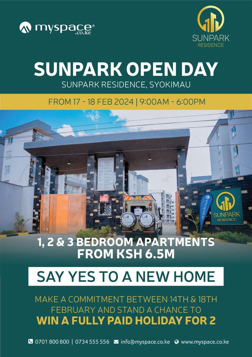 _Nana_Kc's tweet photo. Experience serenity and luxurious living at @Sunpark_R by @Myspace_Kenya.

Sunpark residence offers a range of financial options tailored to fit your budget..

Purpose to attend the open day event this weekend and grab the great offers and discounts lined up just for you! https://t.co/VFIpCKW5FF