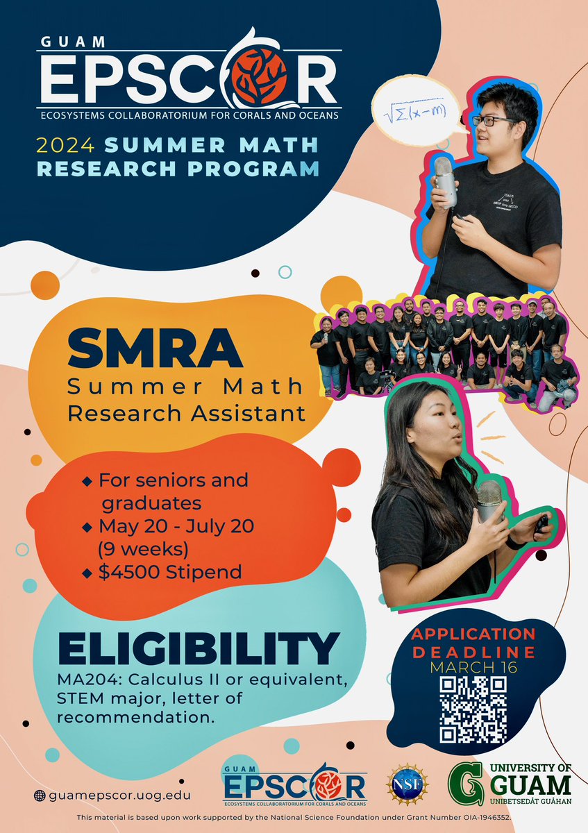 Applications are OPEN for the Guam EPSCoR 2024 Summer Math Research Program! 🎉🤩

All you will need to be eligible is completion of MA204: Calculus II or equivalent 📚 , be a STEM major 🧪, or have a letter of recommendation 📄

See flyer for details! 

forms.office.com/pages/response…