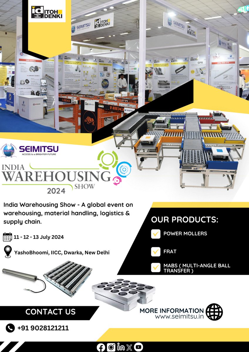 Don't miss the opportunity to connect with SEIMITSU Factory Automation Pvt Ltd at the India Warehousing Show 2024
We invite you to visit us at Booth B-12, Hall No 2, YashoBhoomi, IICC, Dwarka, New Delhi seimitsu.in/News-IWS-2024.…

#indiawarehousingshow #materialhandling #iws2024