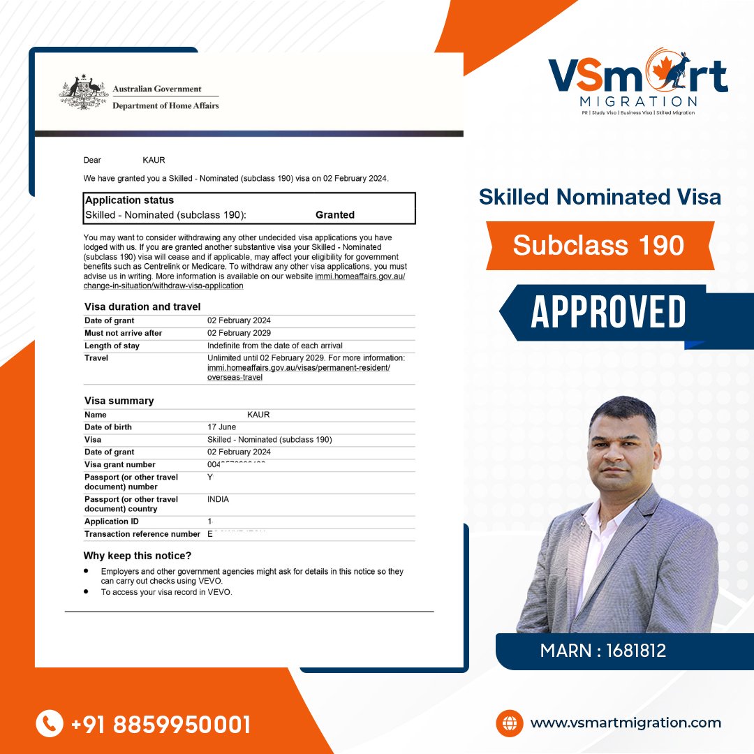 ✈️Australian Visa (𝐒𝐮𝐛𝐜𝐥𝐚𝐬𝐬 𝟏𝟗𝟎) 𝐀𝐏𝐏𝐑𝐎𝐕𝐄𝐃

🌎 vsmartmigration.com

#MigrationJoy #VisaVictory #AustraliaDreams #SkilledWorker #vsmartmigrationSuccessStories #GlobalCitizen #VisaTriumph #MigrationExperts #NewChapterAbroad #DownUnderDreams