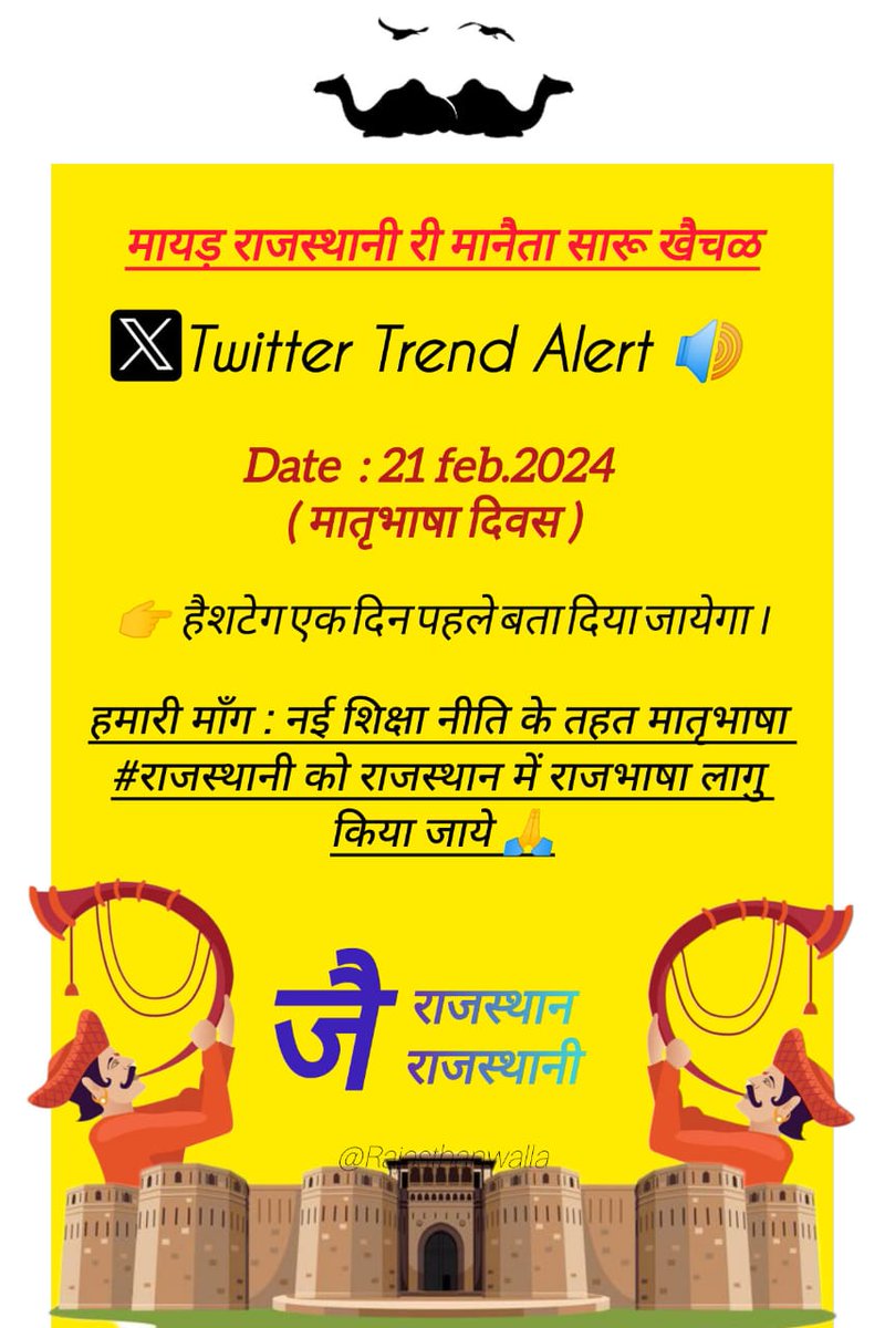 ⚠️ ट्विटर ट्रेंड अलर्ट :21 फरवरी 2024

सगळा सागै रहिज्यो 🙏
ट्वीटर ट्रेंड ने सफल करणो है

आपणी माँग : नुवीं शिक्षा नीति रै मुजब राजस्थान म भी मातृभासा #राजस्थानी नै राजभाषा बणाई जावै जद ही राजस्थान री नोकरिया म अठै रा टाबरां नै प्राथमिकता मिलसी।

#राजस्थानी_बिना_क्यांरो_राजस्थान