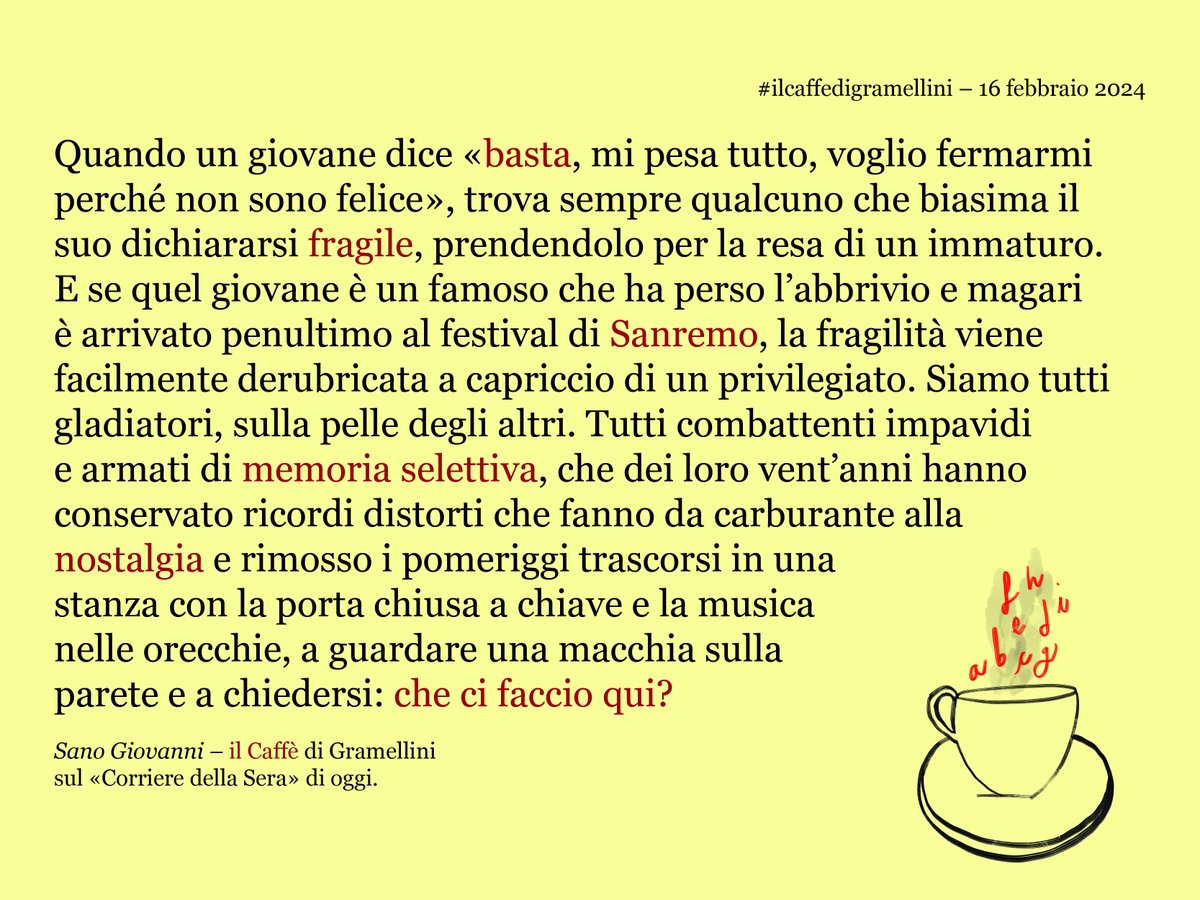MaxGramel's tweet photo. «Sano Giovanni»: #ilcaffedigramellini sul @corriere di #venerdì #16febbraio.
https://t.co/uiX3HiSDZc https://t.co/YlNE514l3x