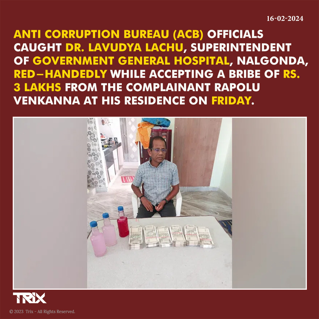 'ACB Arrests Government Hospital Superintendent for Accepting Bribe'.

#Corruption #ACB #Bribery #GovernmentHospital #Arrest #Nalgonda #India #LawEnforcement #AntiCorruption #BreakingNews #CurrentAffairs #LegalIssues #NewsUpdate #CrimeDetection #Justice #trixindia